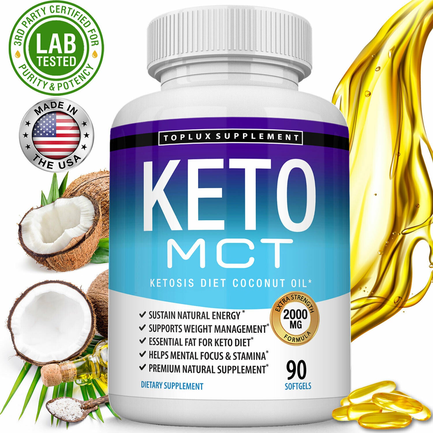 PURE MCT OIL Pills Diet 2000 MG (180 CAPSULES- Raise Ketones High Faster C8&C10)