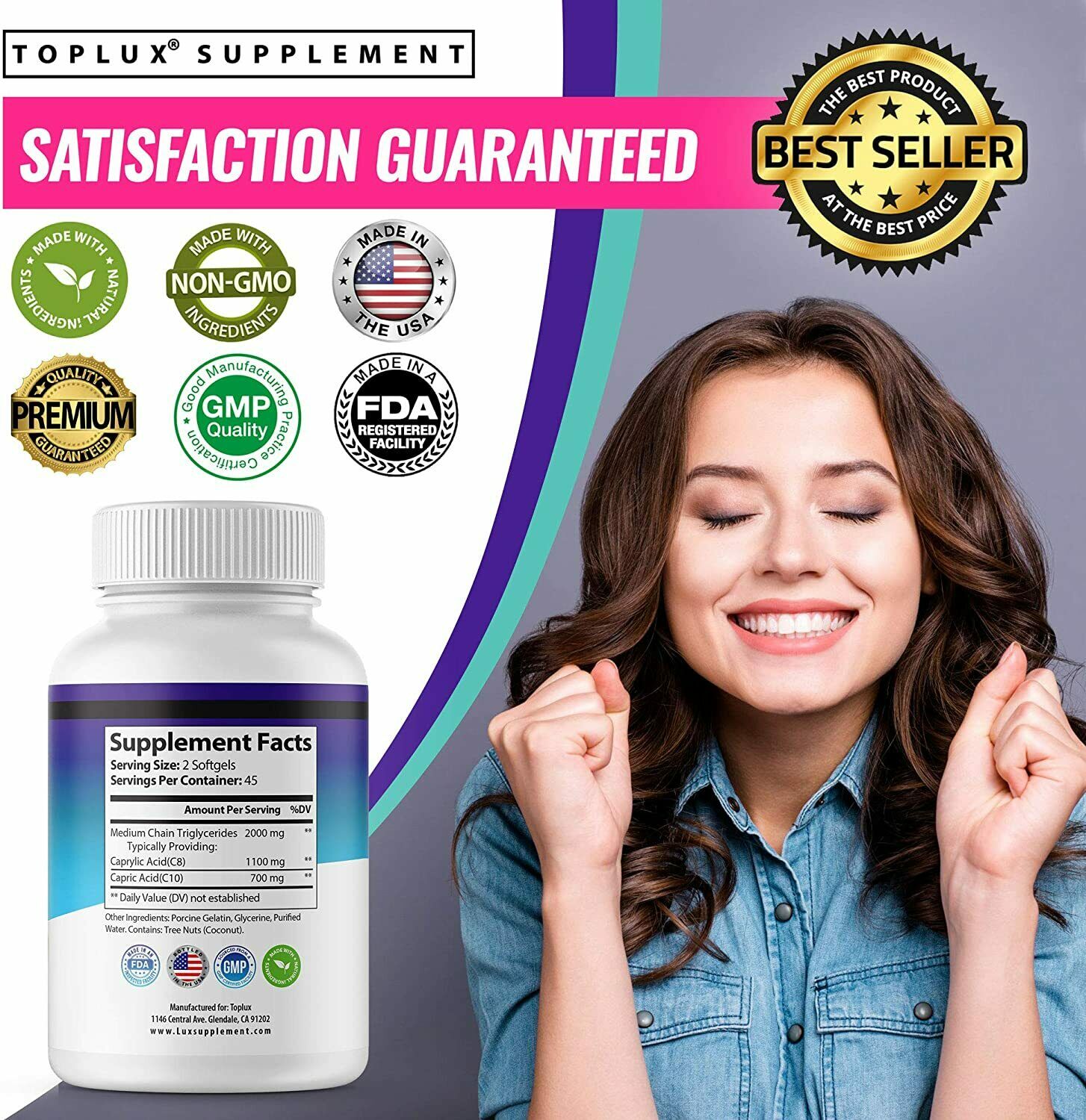 PURE MCT OIL Pills Diet 2000 MG (180 CAPSULES- Raise Ketones High Faster C8&C10)